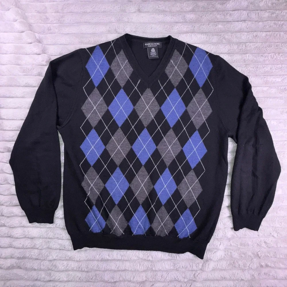 Marco Fiori Argyle V Neck Sweater Mens‎ Large Merino Wool Blue Black Made Italy